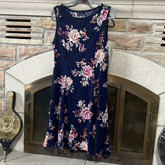 Navy Blue and Pink Lace Floral Midi Dress - Picture 1 of 7